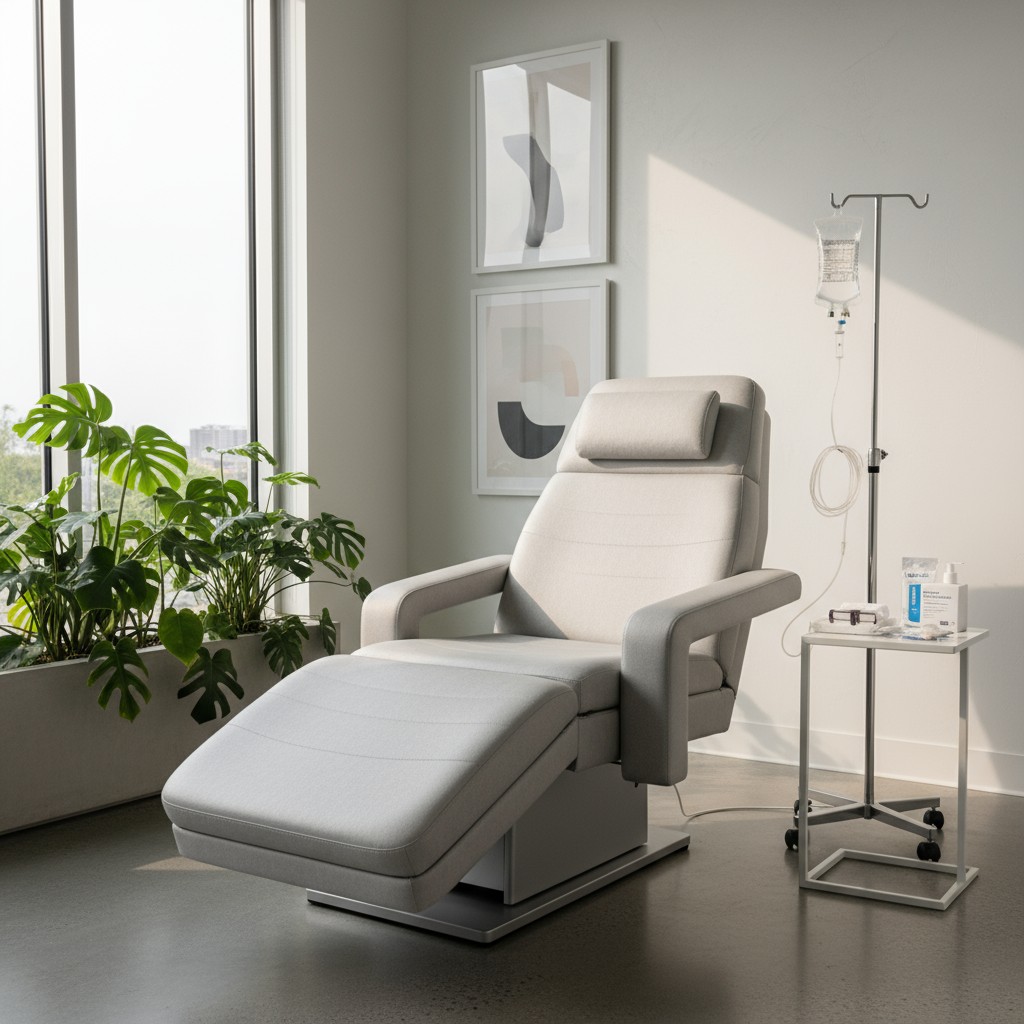Room with reclining chair, IV stand, and potted plant by window.